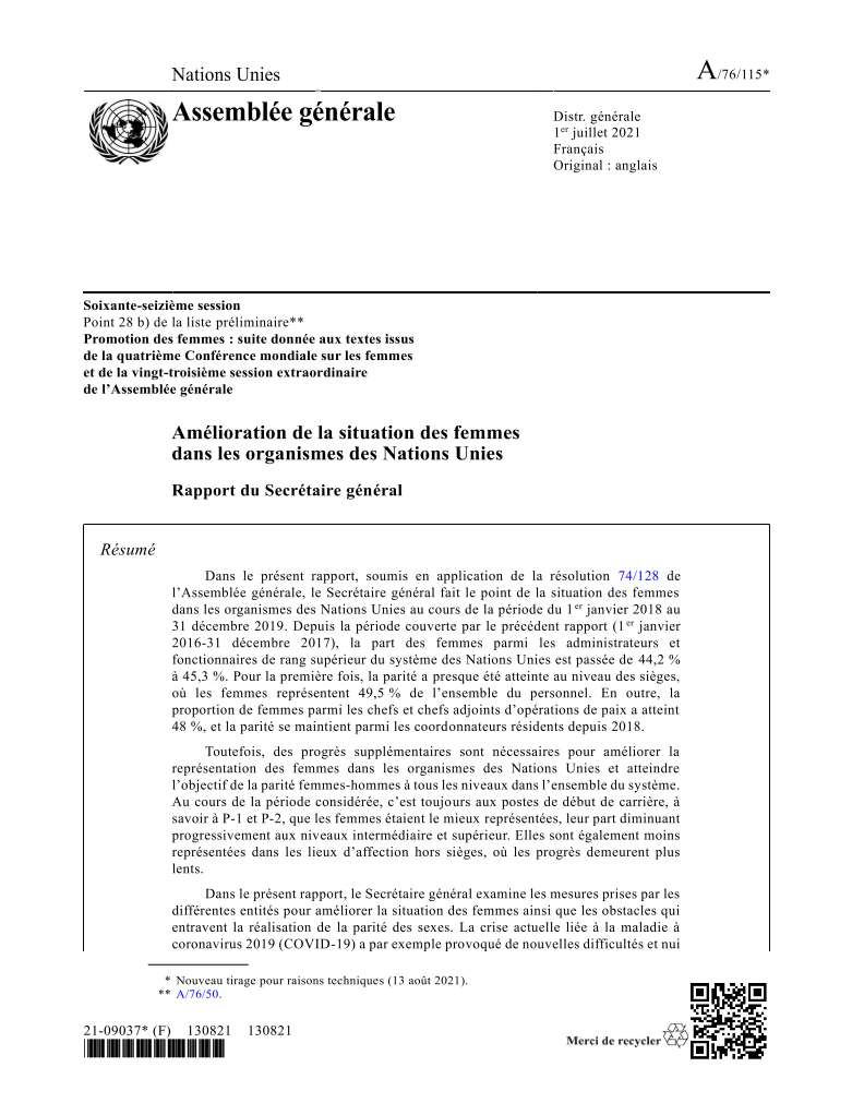 Amélioration de la situation des femmes dans les organismes des Nations Unies : Rapport du Secrétaire général (2021)